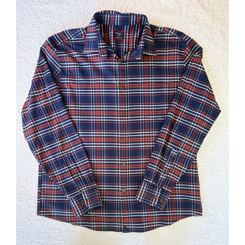 UNTUCKit Trezari Navy Plaid Stretch Performance Flannel Shirt Mens XL 41630